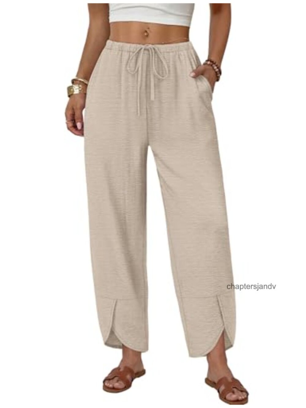 Wide Leg Palazzo Capri Pants Cropped Drawstring Elastic Waist Pockets Beach
